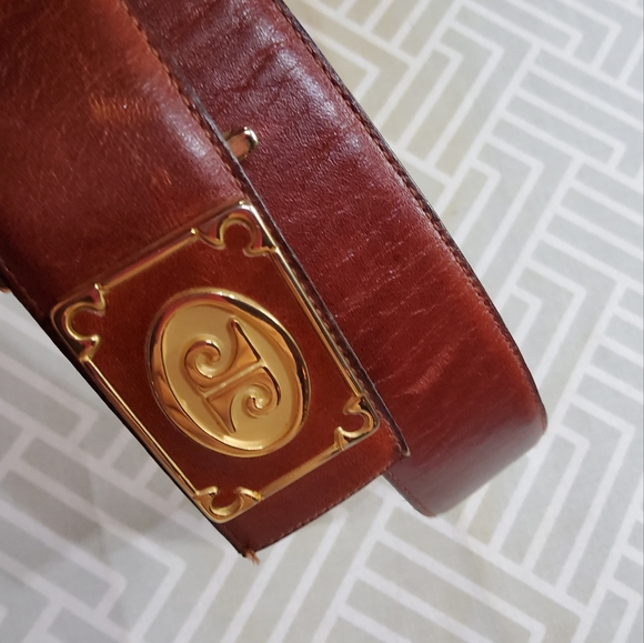 Vintage Pierre Cardin Brown Leather Belt with Signture Gold Buckle - Picture 2 of 6